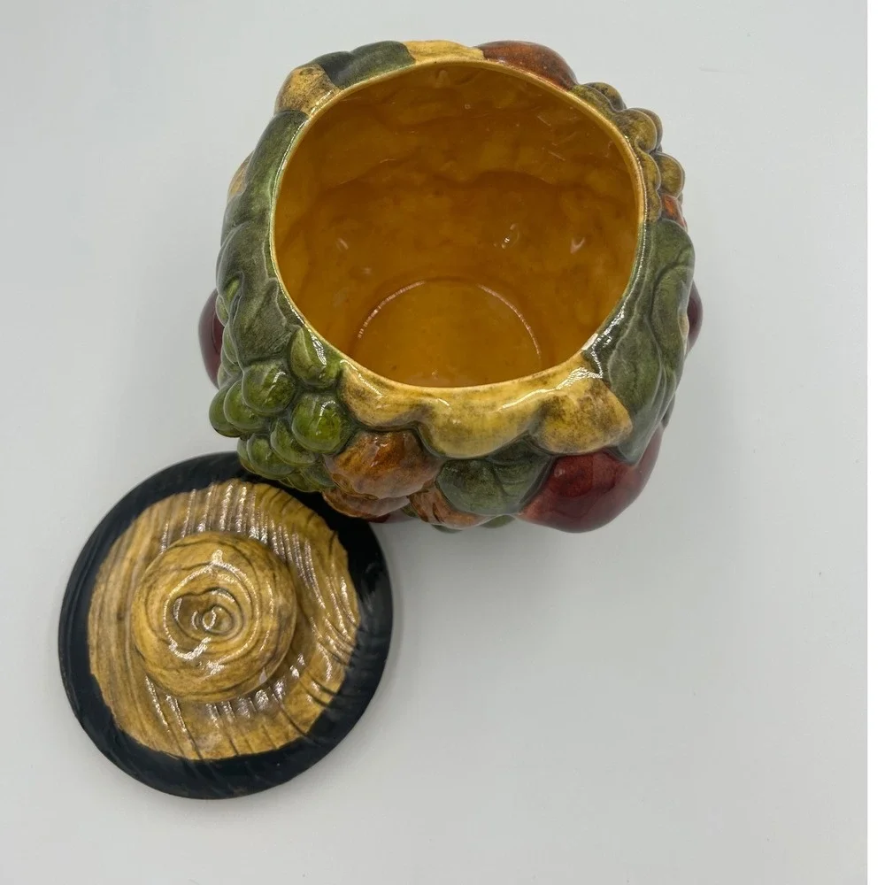 Vintage Style Fruit Harvest Ceramic Canister Hand Painted Grapes Apple Walnut 8